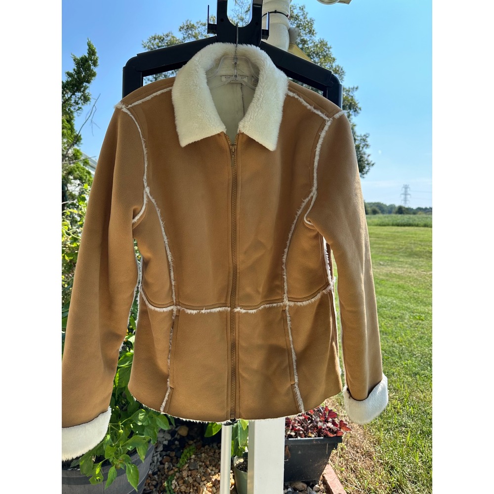 Kim Rogers Women Faux Suede Shearling Lined Zip Jacket Tan Camel Medium